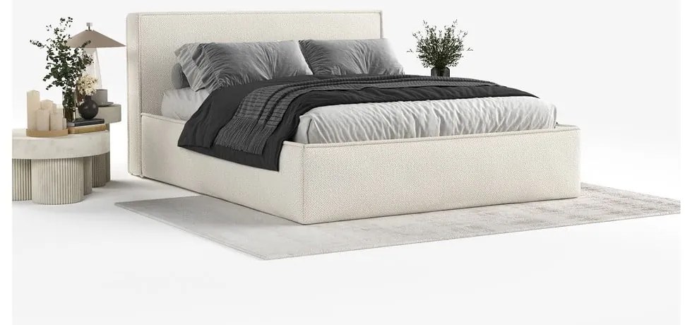 Kremowe tapicerowane łóżko dwuosobowe ze schowkiem i stelażem 200x200 cm Lounge L – Maison de Rêve