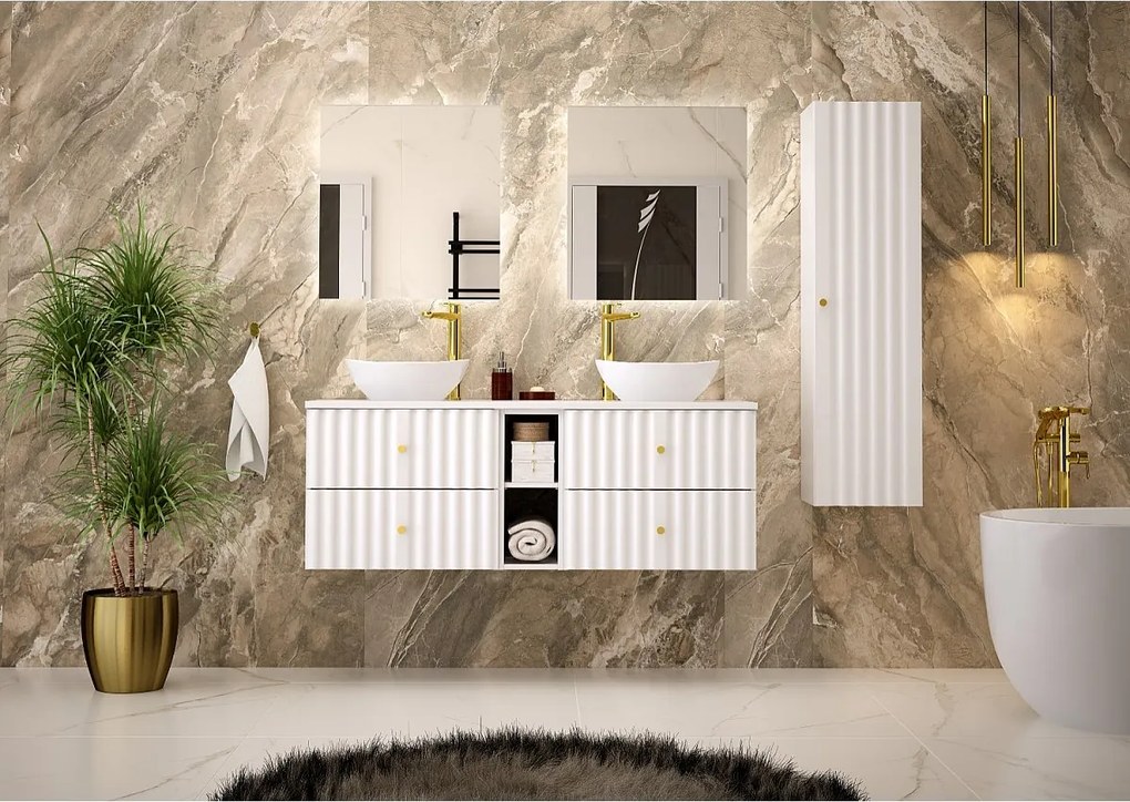 Biały Zestaw Łazienkowy 140cm Szafka z Blatem Umywalka Regał Ryflowane Frony Aqua