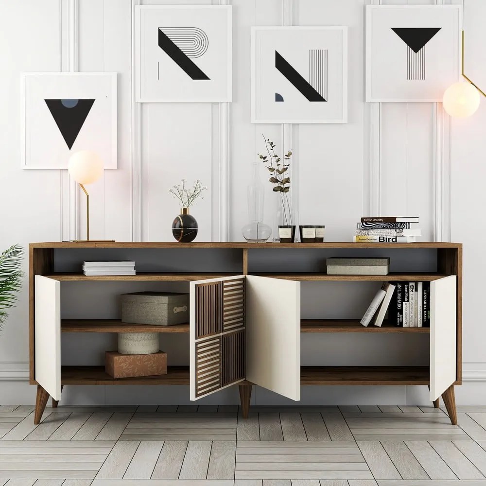 Kremowa niska komoda w dekorze orzecha 180x79 cm Milan – Kalune Design