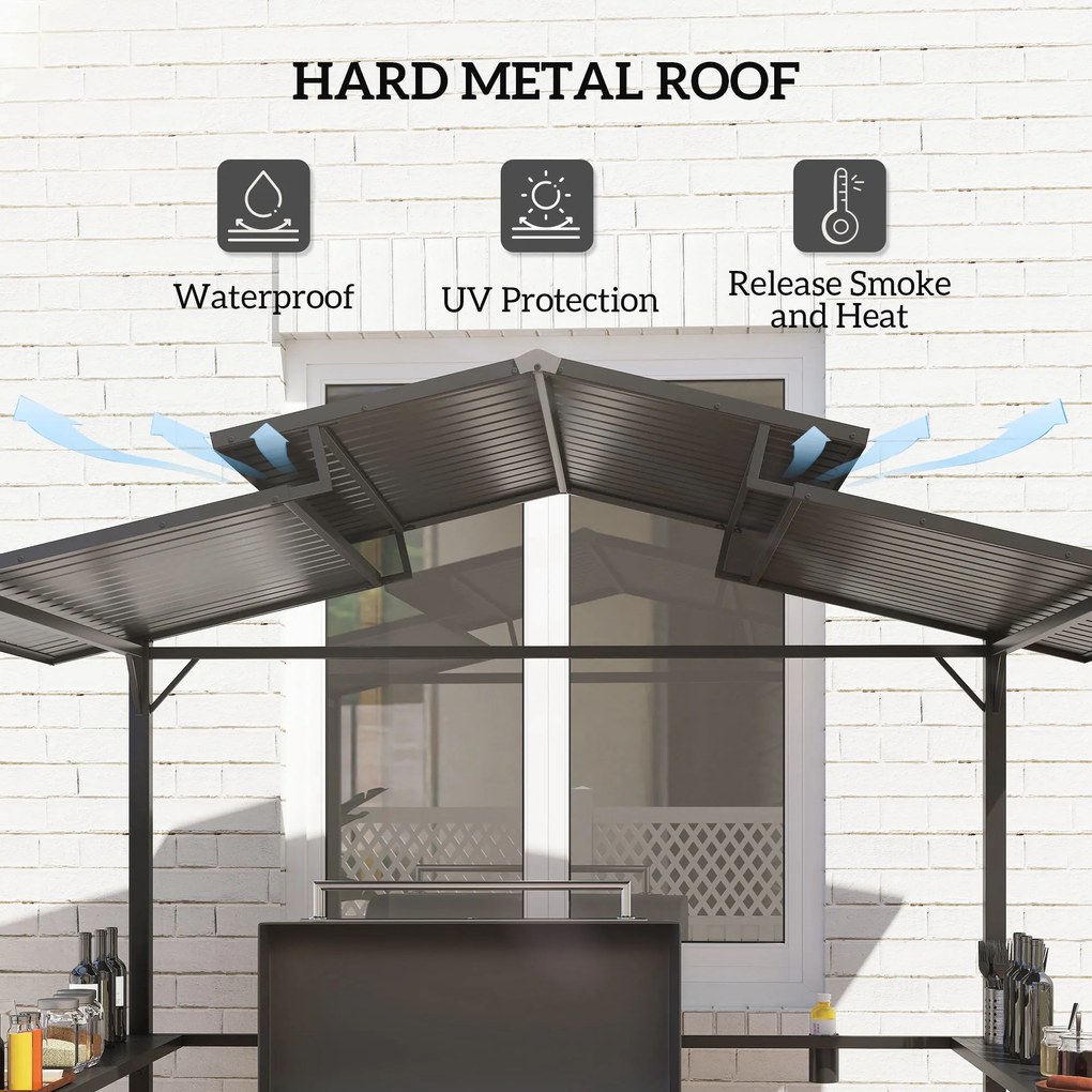 Outsunny Wodoodporny Pawilon Grillowy 250 x 160 x 250 cm z Podwójnym Dachem i Bocznymi Półkami w kolorze Czarnym
