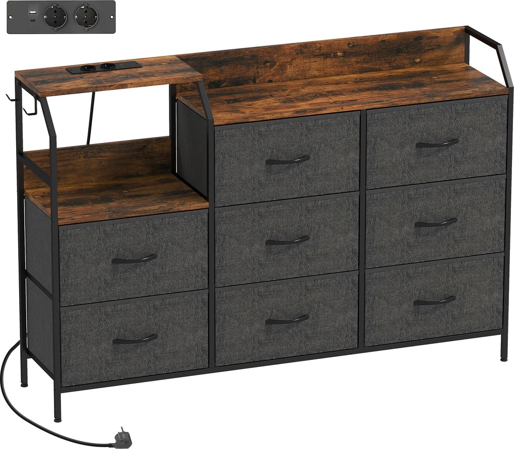 HOMCOM Komoda z 8 materiałowymi szufladami, stalowy stelaż, stacja ładowania, Rustykalny-Brąz+Czarny | Aosom PL