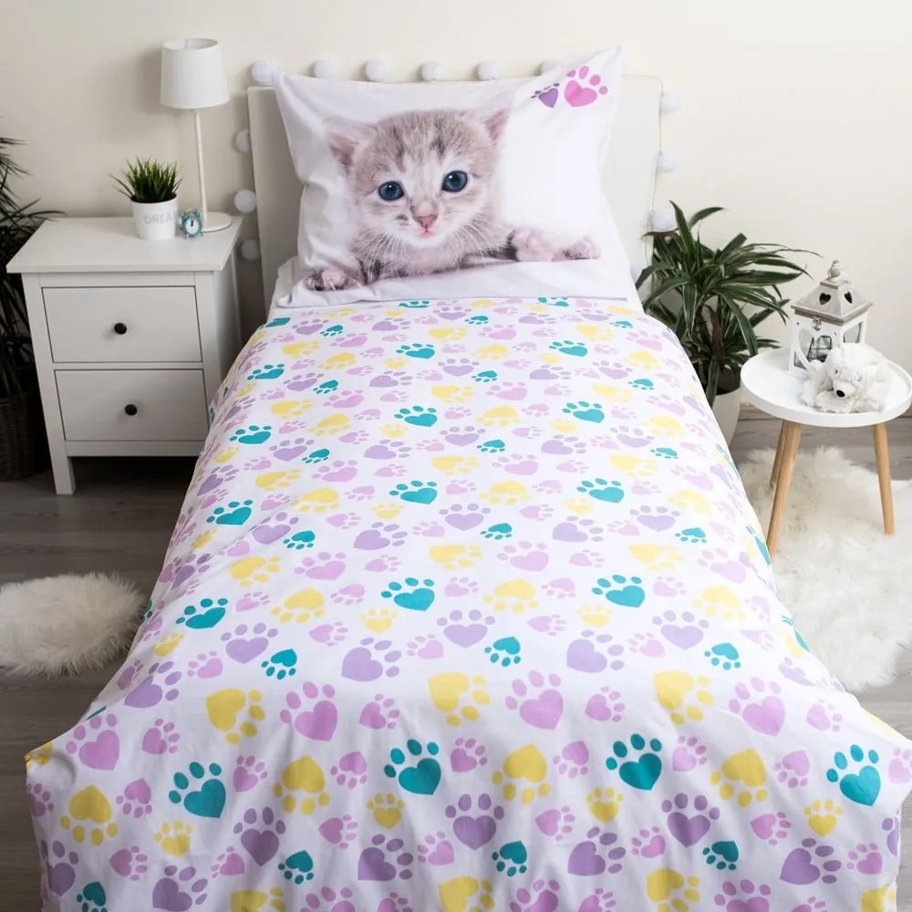 Biała bawełniana pościel dziecięca jednoosobowa 140x200 cm Kitten "Colour" – Jerry Fabrics