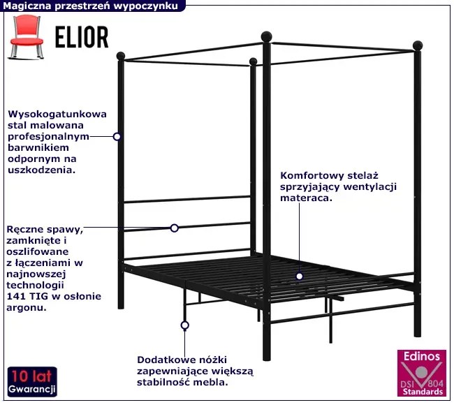 Czarne metalowe łóżko z baldachimem 140x200 cm Romer