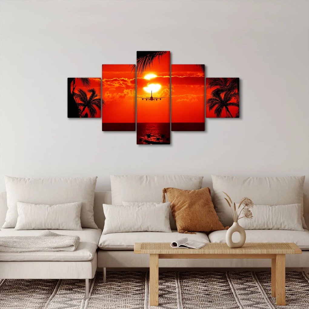 Obraz - zachód słońca z samolotem (125x70 cm)