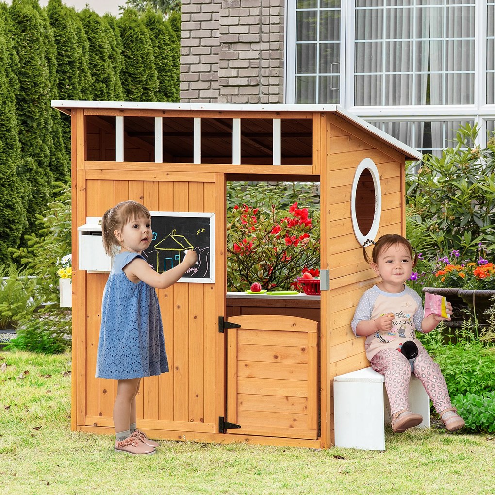 Outsunny drewniany domek dla dzieci naturalny domek ogrodowy z oknem skrzynka na listy uchwyt na kwiaty | Aosom PL