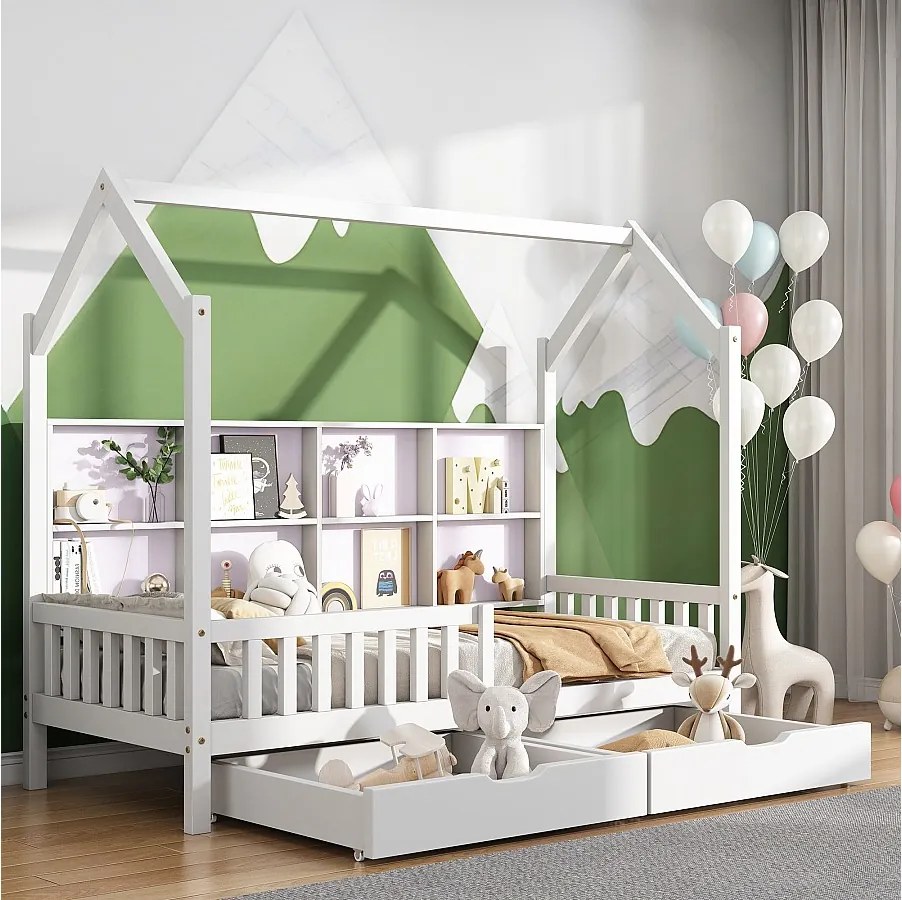 Łóżko piętrowe 90x200 cm - łóżko dziecięce z 2 szufladami i schowkiem - białe - bez materaca