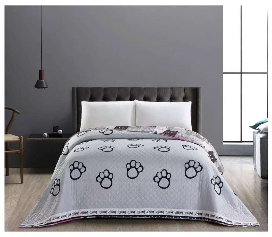 Szara dwustronna narzuta z mikrowłókna DecoKing Cat Invasion, 220x240 cm