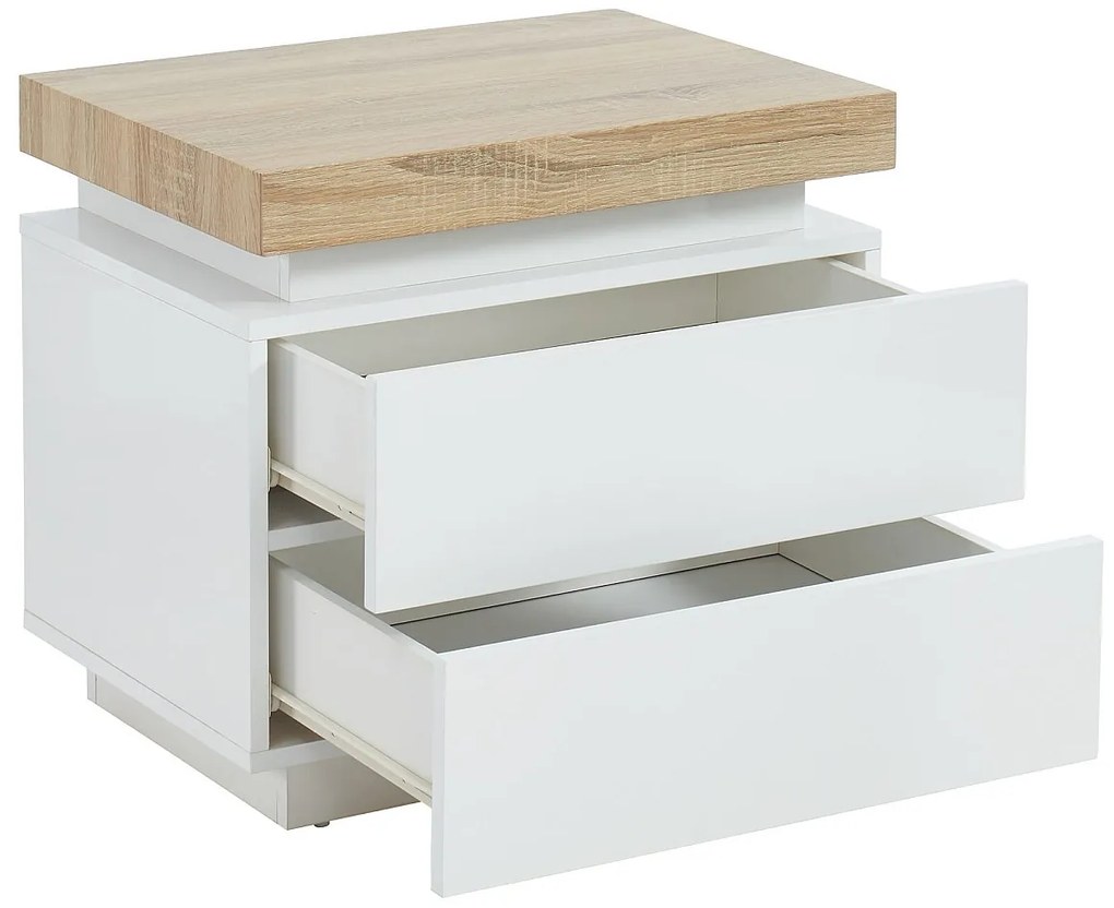 Zestaw 2 szafek nocnych - 2 szuflady - Lakierowana płyta MDF - Z oświetleniem LED - Biały i dąb - HALO II