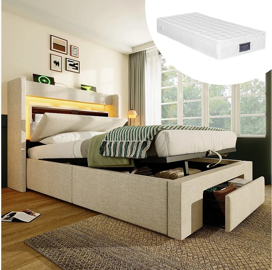 Łóżko tapicerowane hydrauliczne ze schowkiem - 90 x 200 cm - ze schowkiem na pościel w zagłówku + diody LED + USB + szuflada - pościel - beżowe (z materacem)