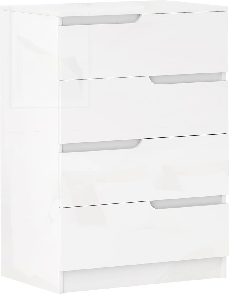 HOMCOM Nowoczesna Komoda, Szafa z 4 szufladami, Płyta wiórowa, Biała, Zabezpieczenie przeciwwypadowe, Podkładki, Biały Połysk