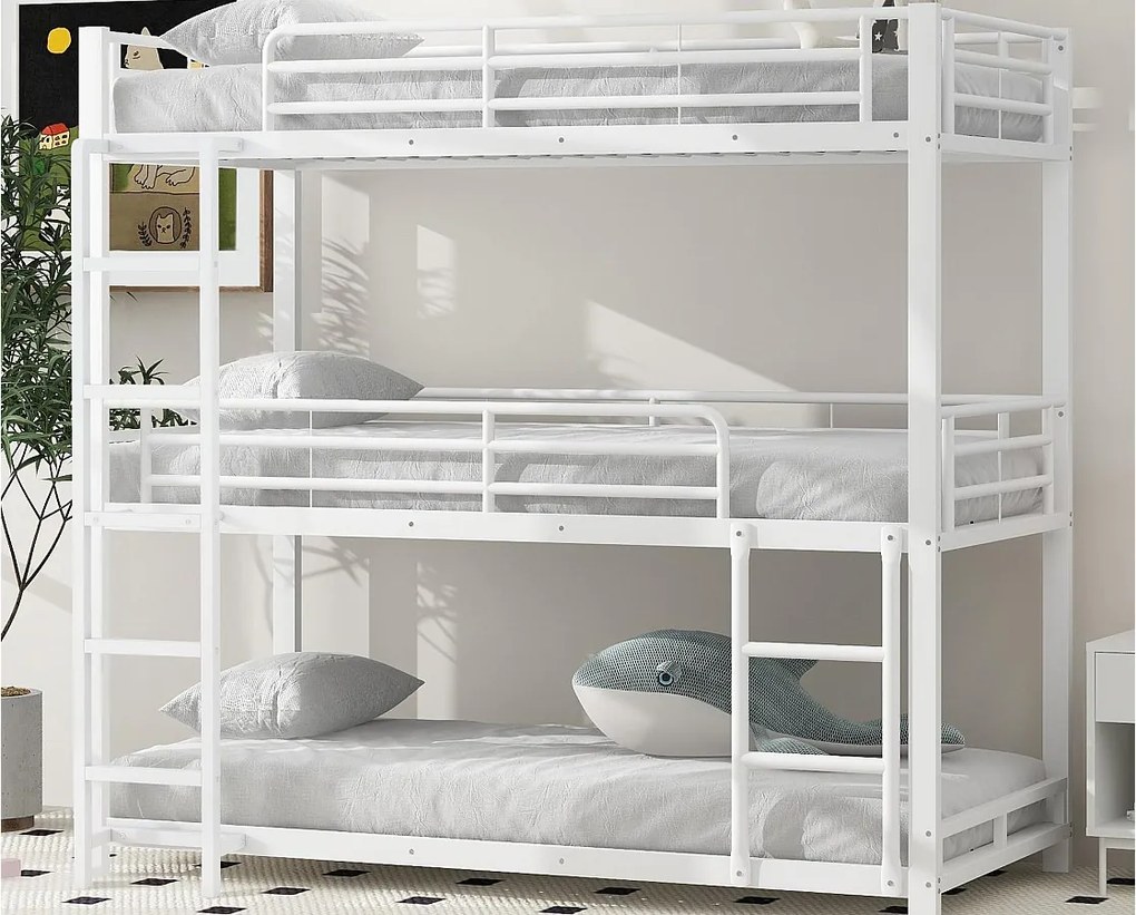 Łóżko piętrowe potrójne - 3x90x200cm - stalowa rama - Biały