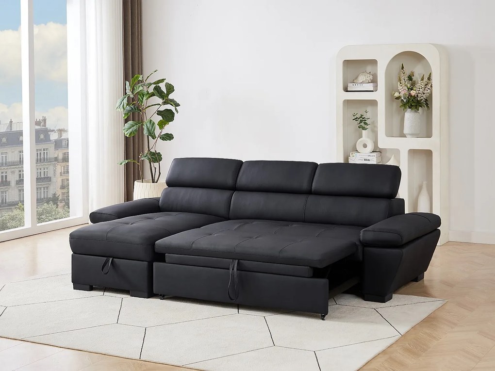 Kanapa rozkładana narożna lewostronna skórzana czarna  JONOVA