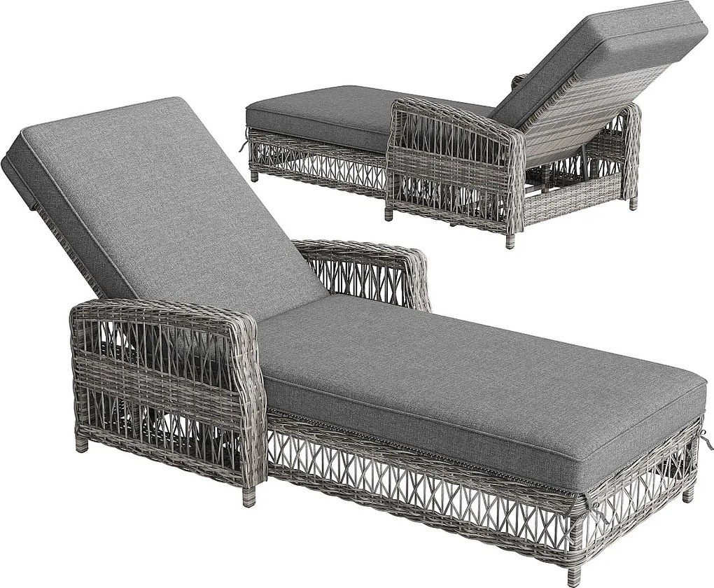 Leżak Regulowany w 4 Pozycjach na Taras z Odpornością na Warunki Atmosferyczne i Rdzawe Rattanowe, 2 osoby, Szary