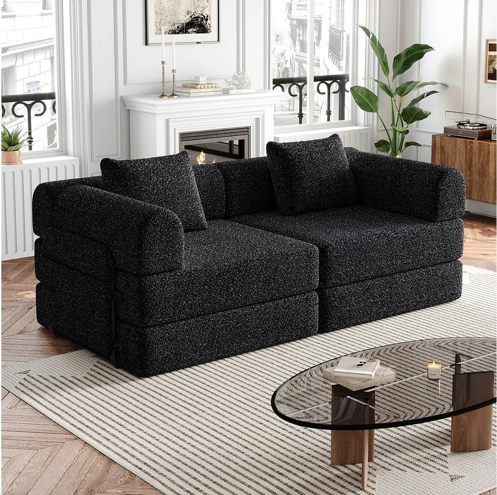 Sofa 2-osobowa, Sofa rozkładana z podłokietnikami i kieszeniami bocznymi, metalowa rama - Czarny szenil