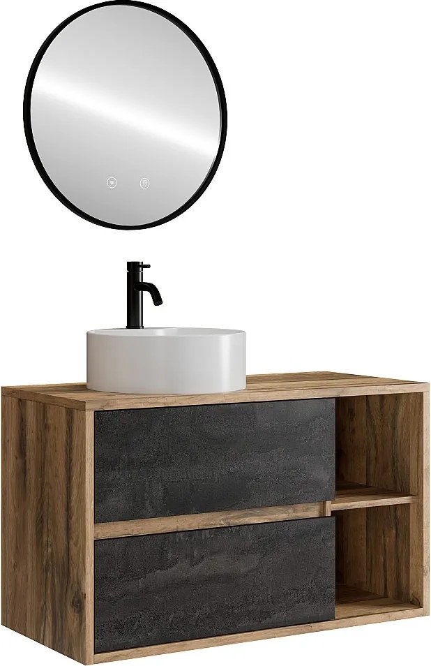 Wisząca szafka łazienkowa z okrągłą umywalką, baterią i lustrem – Kolor naturalny i antracyt – 100 cm – TIKITIKI