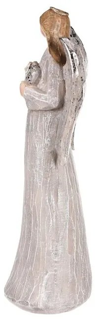 Dekoracja Anioł ze srebrnymi skrzydłami i sercem, polyresin, szary