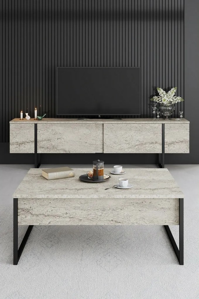 Stolik pod telewizor Luxe Travertine and Black