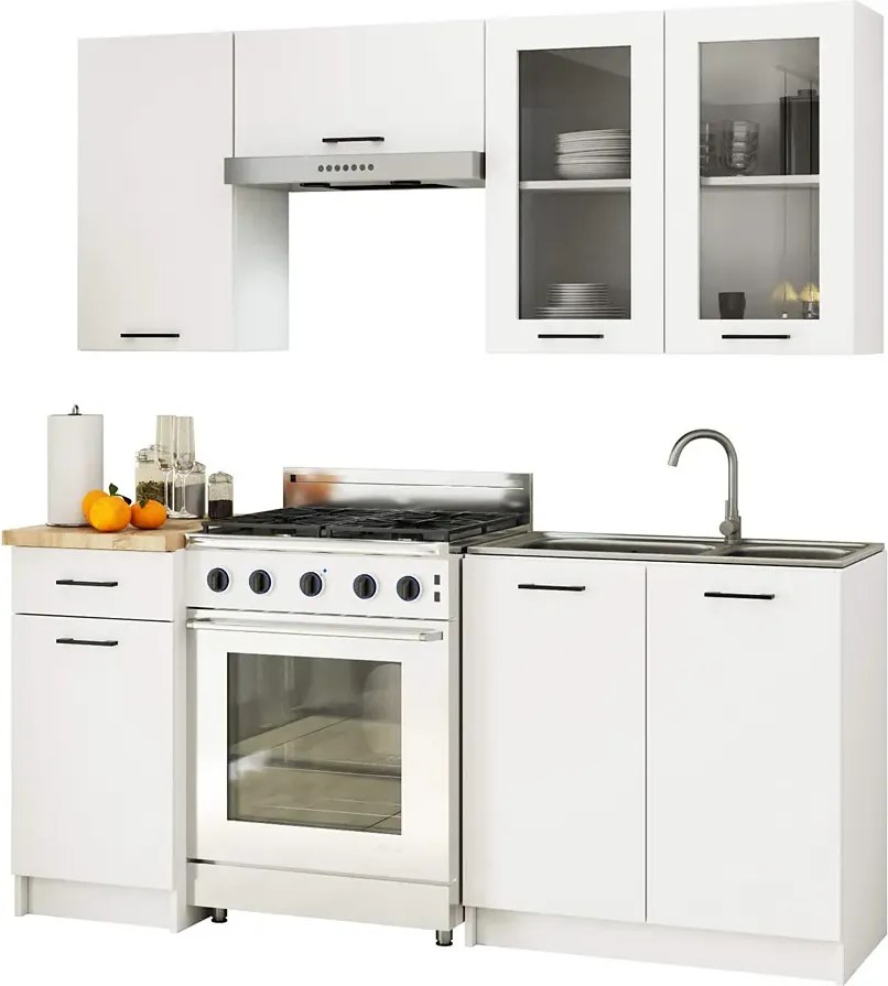 Komplet białych mebli kuchennych z witryną 180 cm D2-P80
