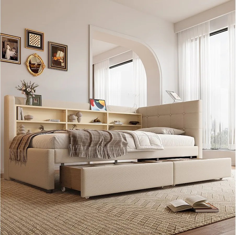 Sofa dziecięca rozkładana - 90 x 200 cm - z 2 szufladami + USB + schowkiem - len - beżowa