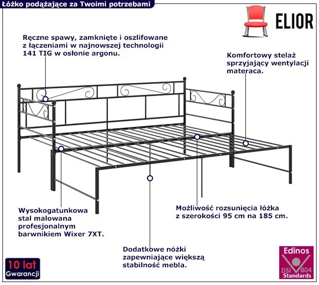 Czarne metalowe łóżko rozkładane 90x200 cm Gerva