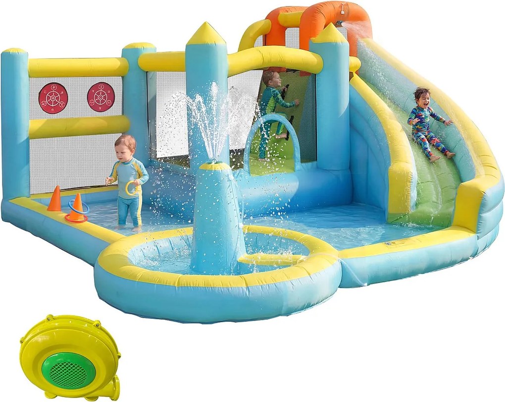 Nadmuchiwany zamek dla dzieci 6-w-1: Plac Zabaw ze Zjeżdżalnią, Trampoliną, Centralną Fontanną i Grą w Rzucanie - Dmuchawa 450W - 430x390x210cm - Wielokolorowy