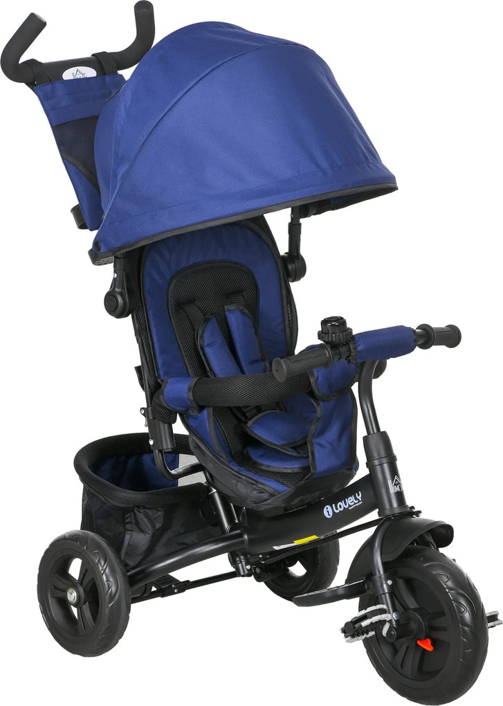 HOMCOM Trójkołowiec dla dzieci, Rower dziecięcy, Koszyk na plecy, Uchwyt na kubek, Daszek przeciwsłoneczny, Metal, Granatowy