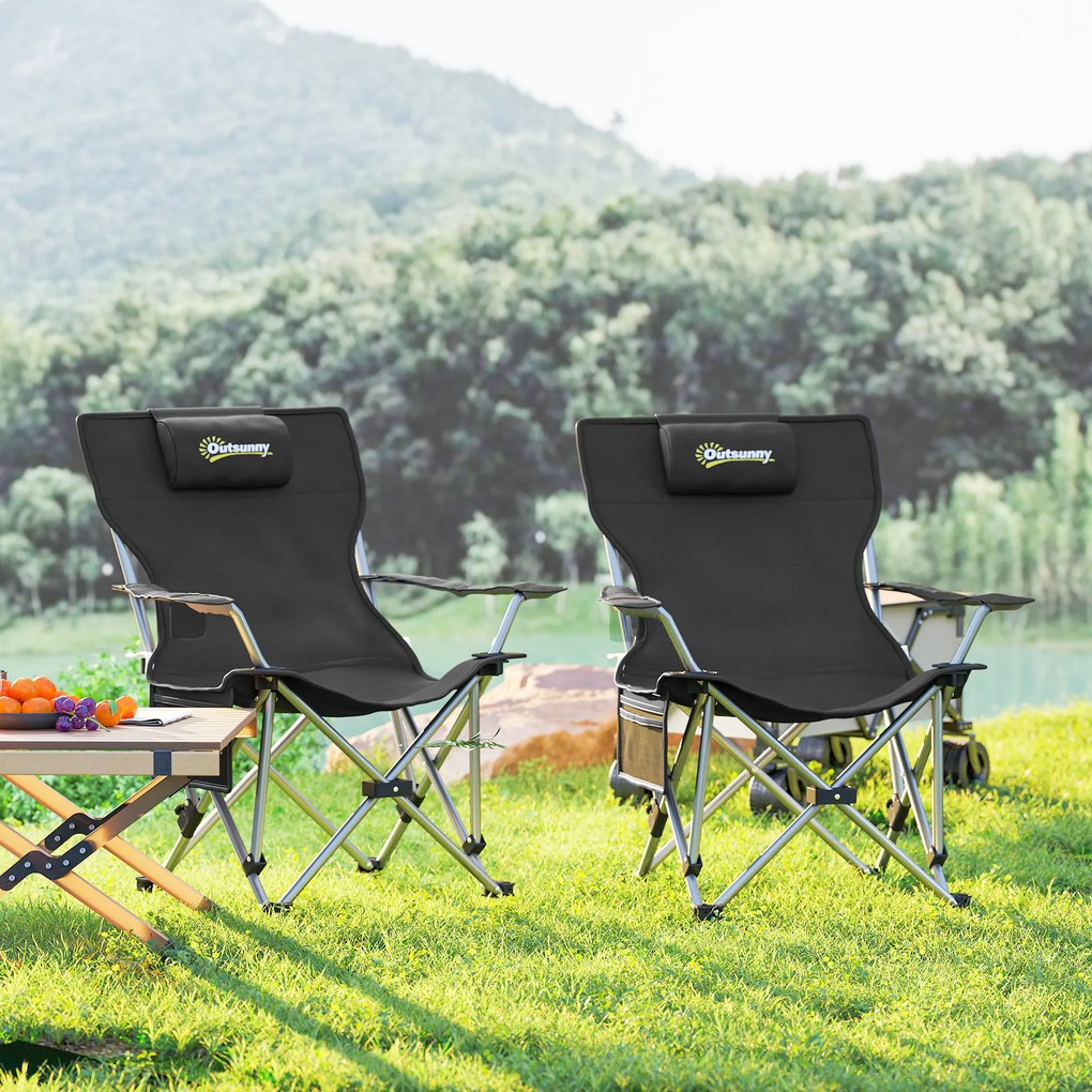 Outsunny Zestaw 2 składanych krzeseł kampingowych z odpinanym podnóżkiem, podgłówkiem i uchwytem na napoje, nośność 120 kg, Czarne