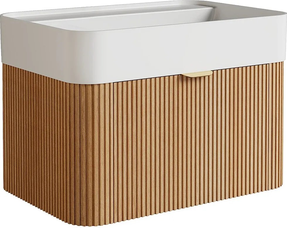 Wisząca szafka łazienkowa z prążkowanego drewna jesionowego z umywalką podblatową do zabudowy z matowej białej żywicy - Jasny naturalny - 60 cm - BULMAS