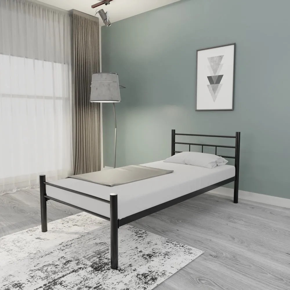 Czarne metalowe łóżko jednoosobowe ze stelażem 90x200 cm K70 – Kalune Design