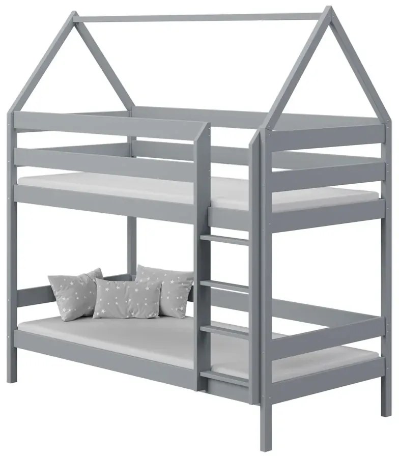 Szare dziecięce łóżko piętrowe domek drewniane M8-G62