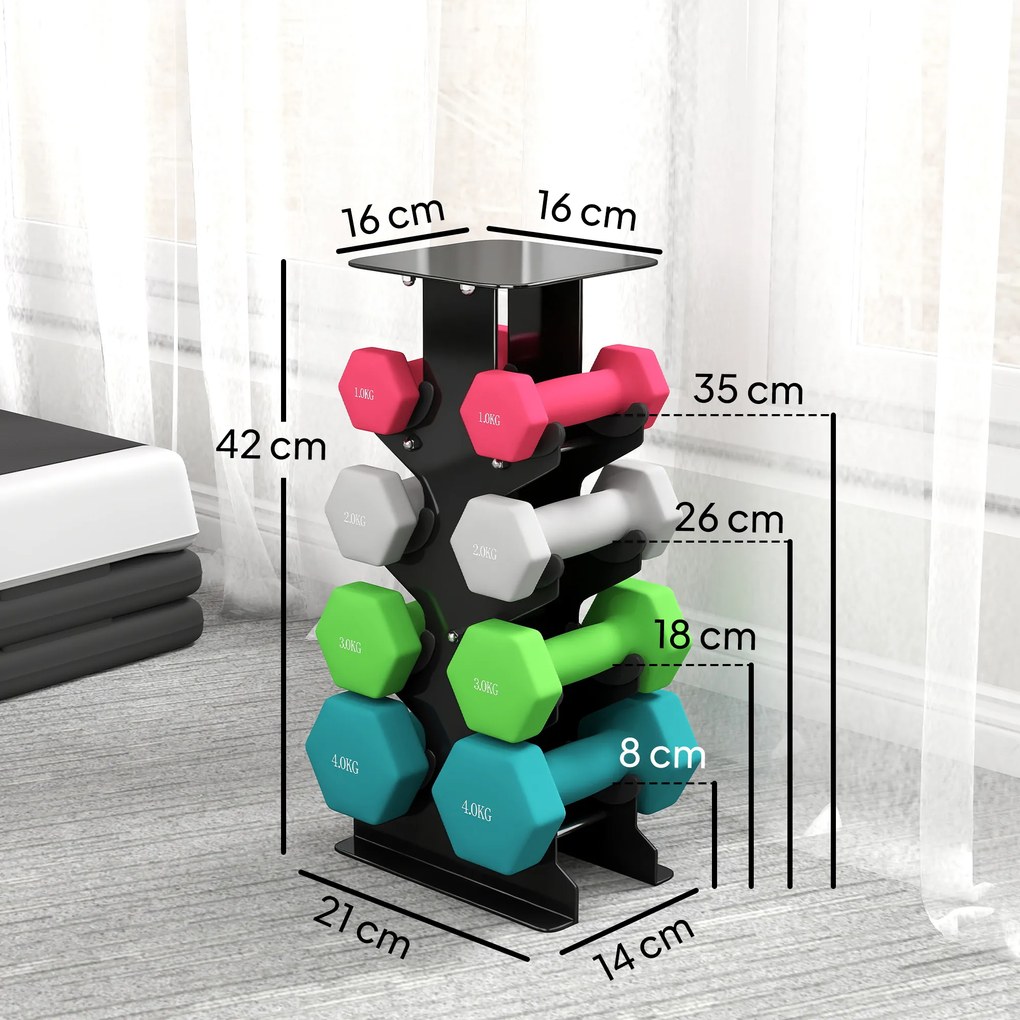 SPORTNOW Zestaw hantli 4 pary ze stojakiem, antypoślizgowe uchwyty, 1-4 kg, sześciokątny | Aosom PL