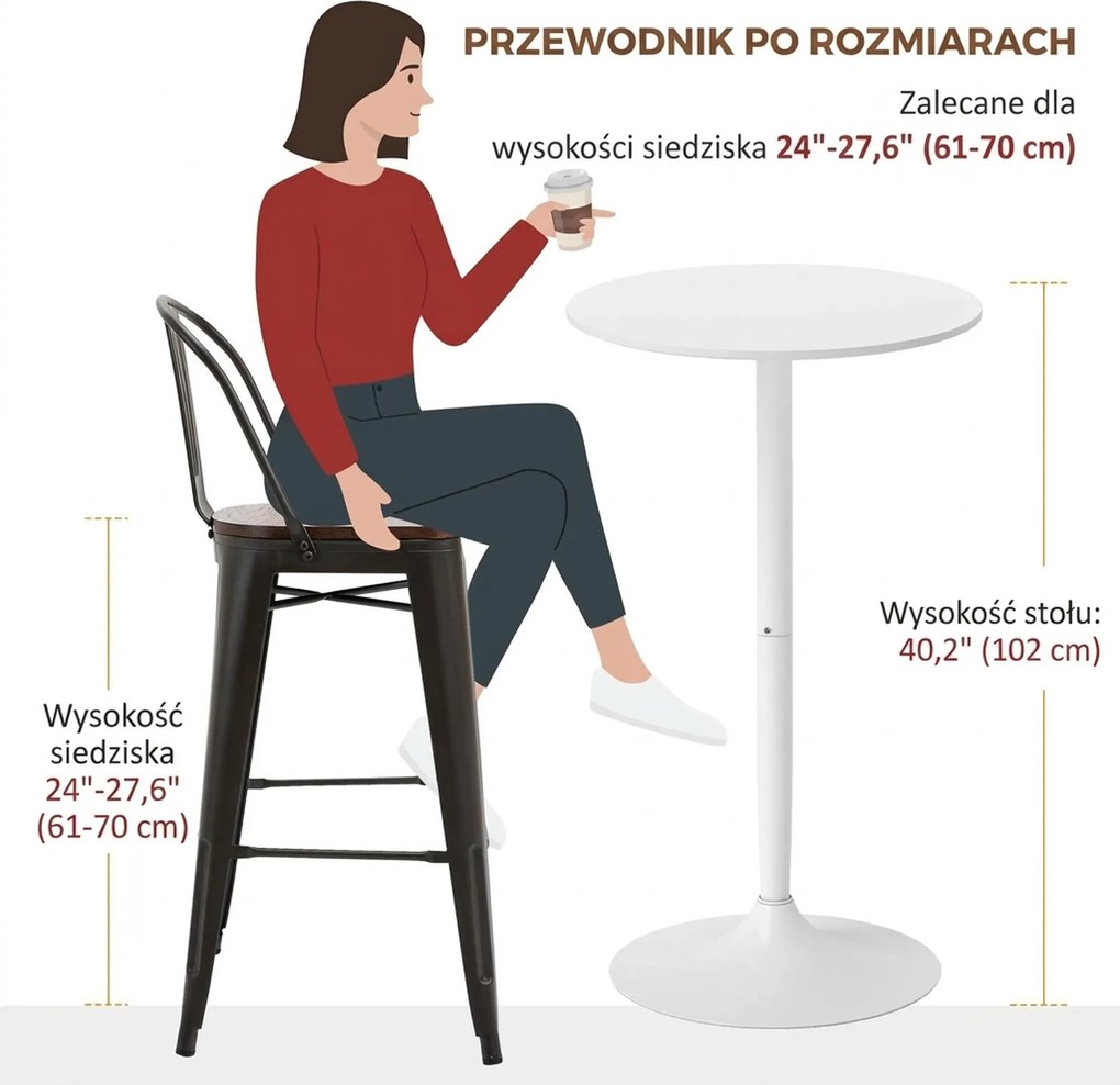 HOMCOM Okrągły stolik barowy biały stół kuchenny do salonu i jadalni stalowy Ø60 x 102 cm | Aosom PL