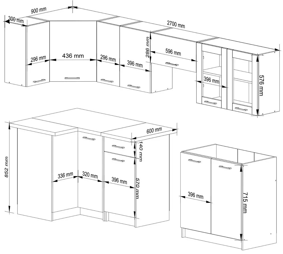 Zestaw mebli kuchennych narożnych beton 300 cm K0-R87