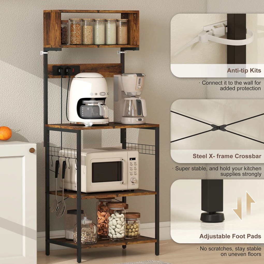 HOMCOM Regał kuchenny, regał stojący z 5 hakami S, 5 półkami, gniazdko, stalowy, Rustykalny brąz, 60 x 42 x 153 cm