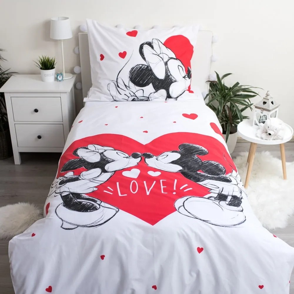 Czerwona/biała bawełniana pościel dziecięca jednoosobowa 140x200 cm Mickey and Minnie "Love" – Jerry Fabrics