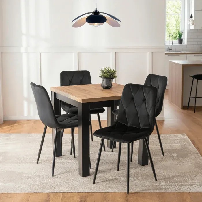 Zestaw Stół Kwadratowy Rozkładany MAX 80-160 cm Dąb Craft/Czarny i 4 Krzesła ROBIN Czarne
