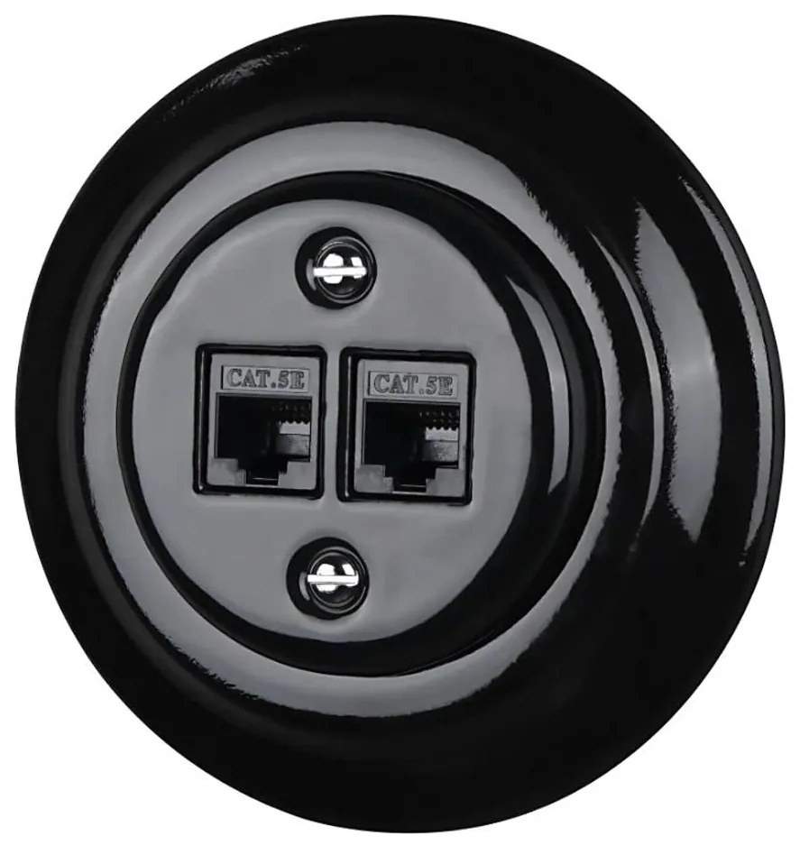 Bohemia-Design - Porcelanowe retro gniazdo Ethernet z ramką, 2x CAT5e, czarne