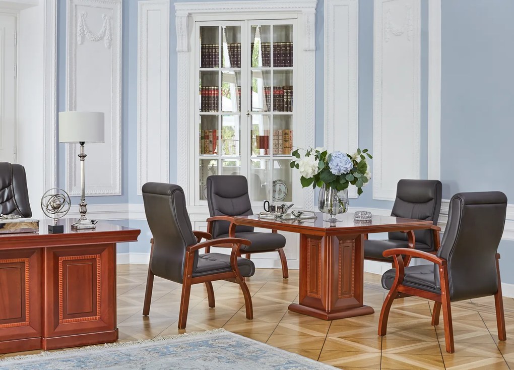 Stolik biurowy Dunkan, kwadratowy, fornirowany drewnem. Dostępne wymiary: 80x80 cm i 120x120 cm. Stolik okolicznościowy do biura. Meble gabinetowe Prestige.