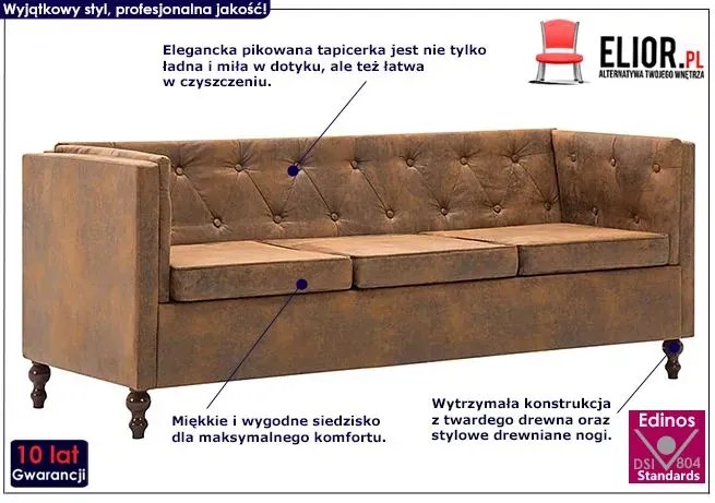 3-osobowa Sofa James 3Q w stylu Chesterfield - brąz