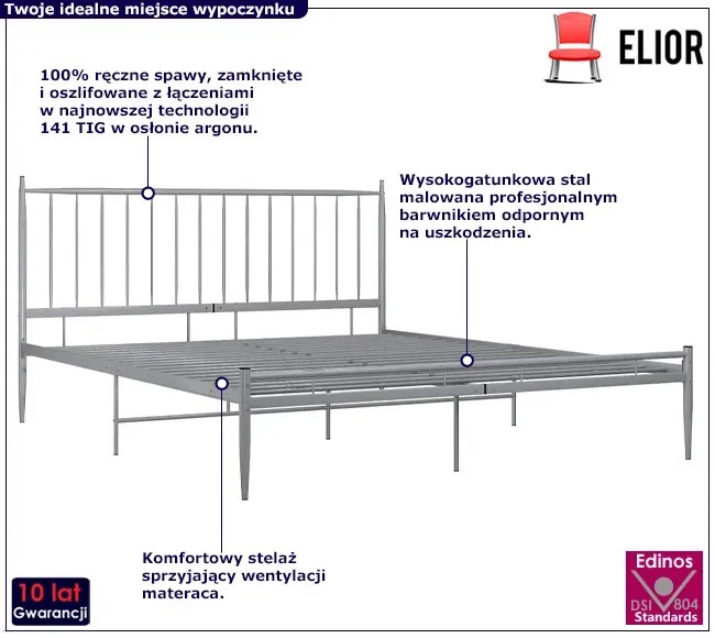 Szare metalowe łóżko małżeńskie 200x200 cm - Bumlo