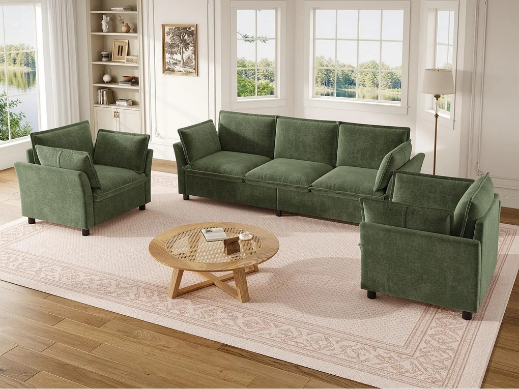 Modułowy zestaw sof 3+1+1 „efekt chmury” z tkaniny szenilowej, sofa 3-osobowa i 2 ergonomiczne fotele, styl nowoczesny - zielony