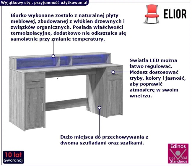 Biurko podświetlane 160 cm szary dąb sonoma - Elvon