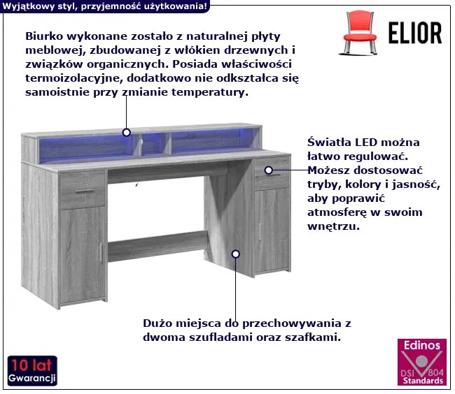 Biurko podświetlane 160 cm szary dąb sonoma R5-D94
