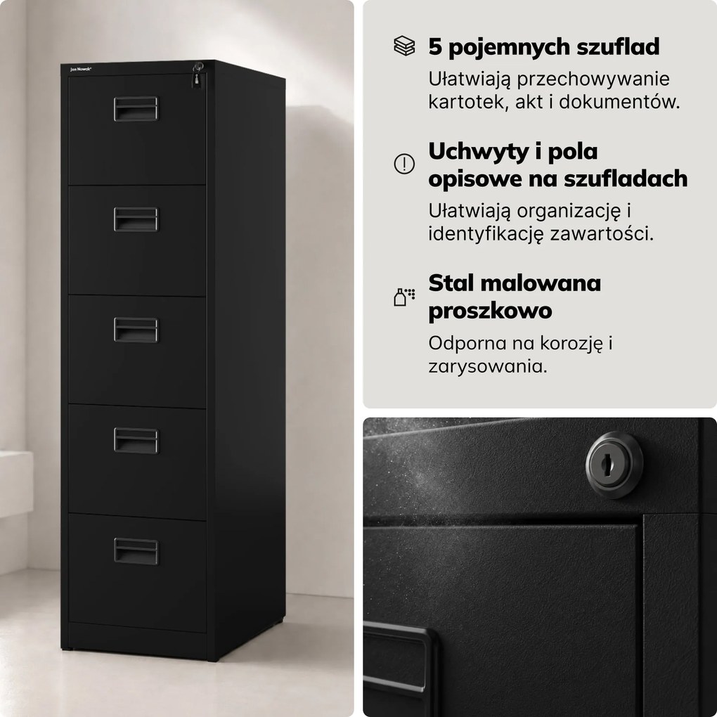 Szafa kartotekowa metalowa z 5 szufladami czarna, 460x1625.5x600 mm: SARA V5