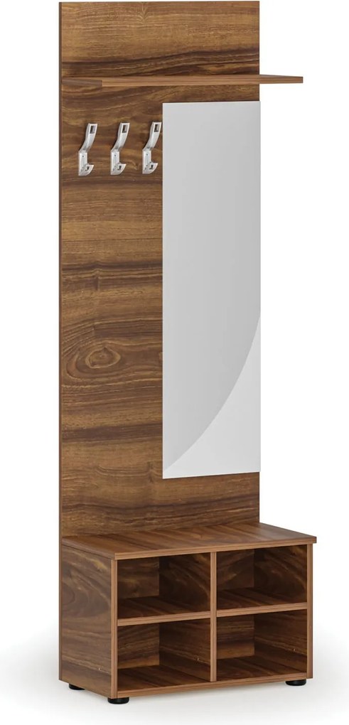 Garderoba z szafką na buty i lustrem HORIZONT, 3 haczyki, półka, tekstura drewna poziomo, orzech