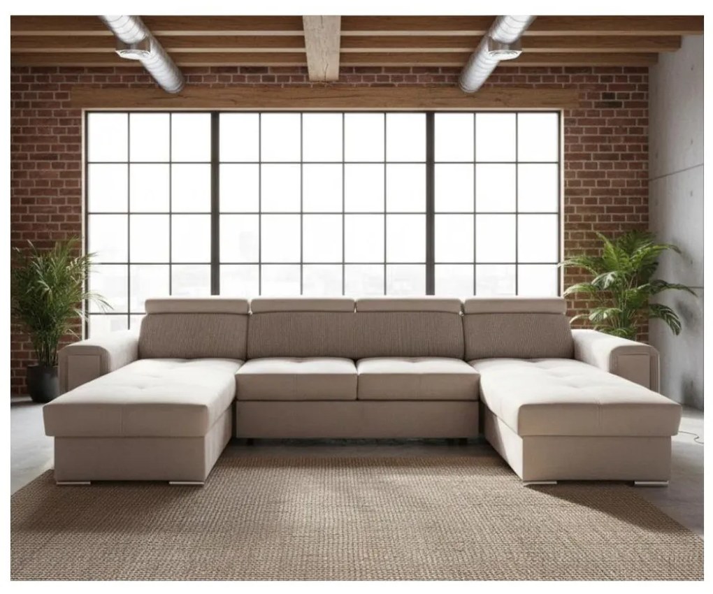 Rozkładany narożnik z uniwersalnym ustawieniem w kształcie U i pojemnikiem na pościel SALVADA — beżowy