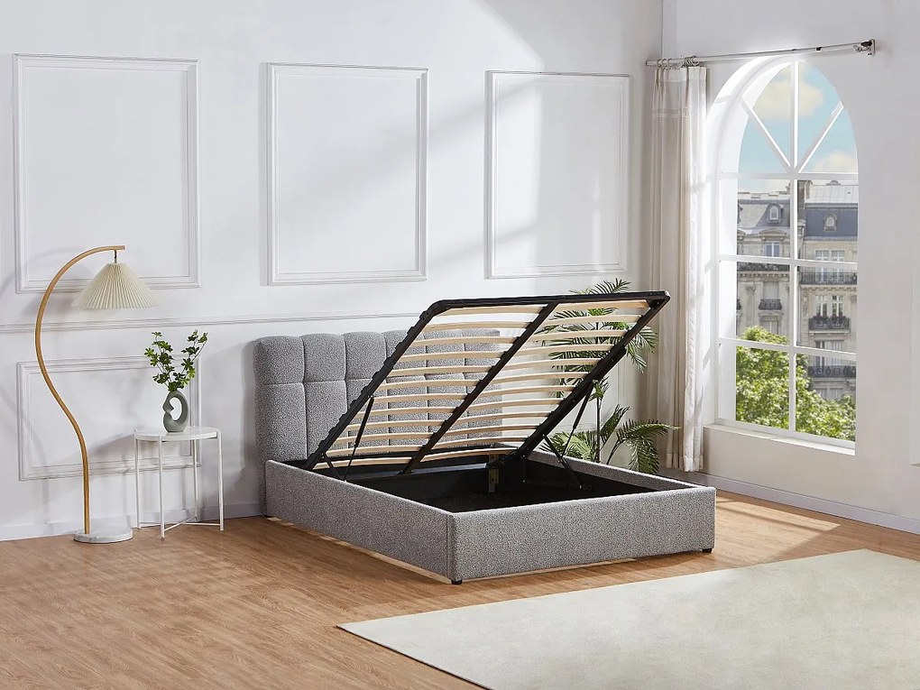 Łóżko ze skrzynią  160 x 200 cm - Tkanina z bukli - Szary - MAZIRI