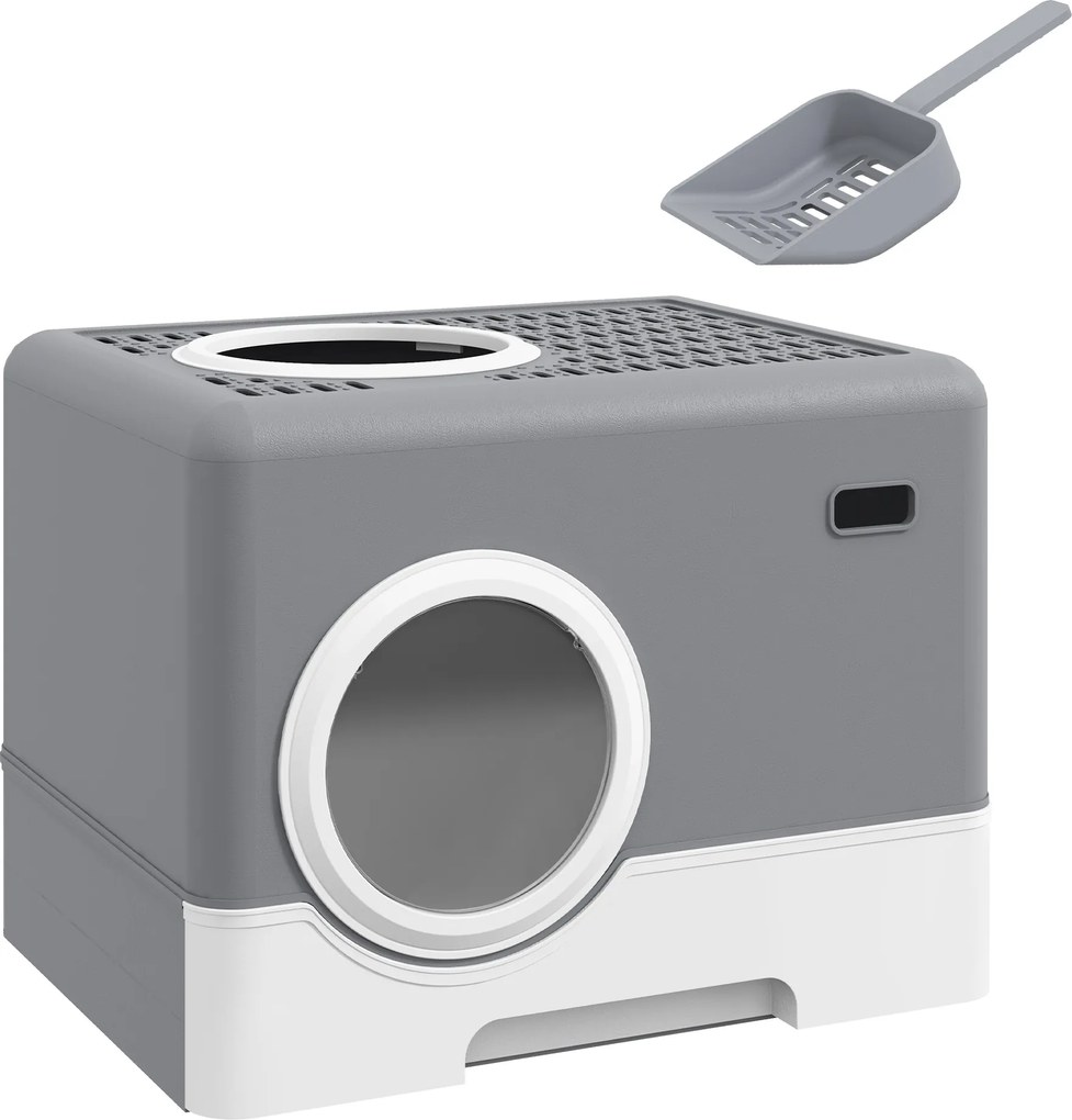 PawHut Kuweta dla Kotów, 2 Wyjścia, Wysuwana Taca, 52 x 41 x 38,5 cm, Szary