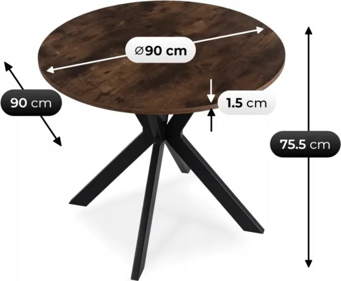 Zestaw Stół Okrągły LAUREN 90 cm Dąb Rustykalny/Czarny i 4 Krzesła PERU Brązowe