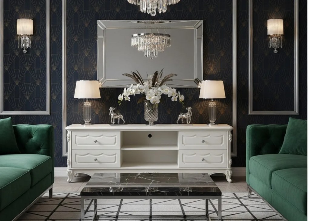 Elegancka szafka pod telewizor Odile, wymiary 180x47x58 cm, kolor ecru. Szafka rtv ma ozdobne fronty, cokół z motywem róży. Meble w stylu francuskim.